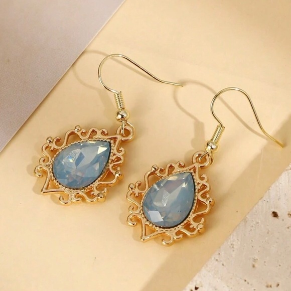 “Andean Opal Lace Teardrop” Milky Blue Filigree Ornate Victorian Steel Earrings - Picture 7 of 8